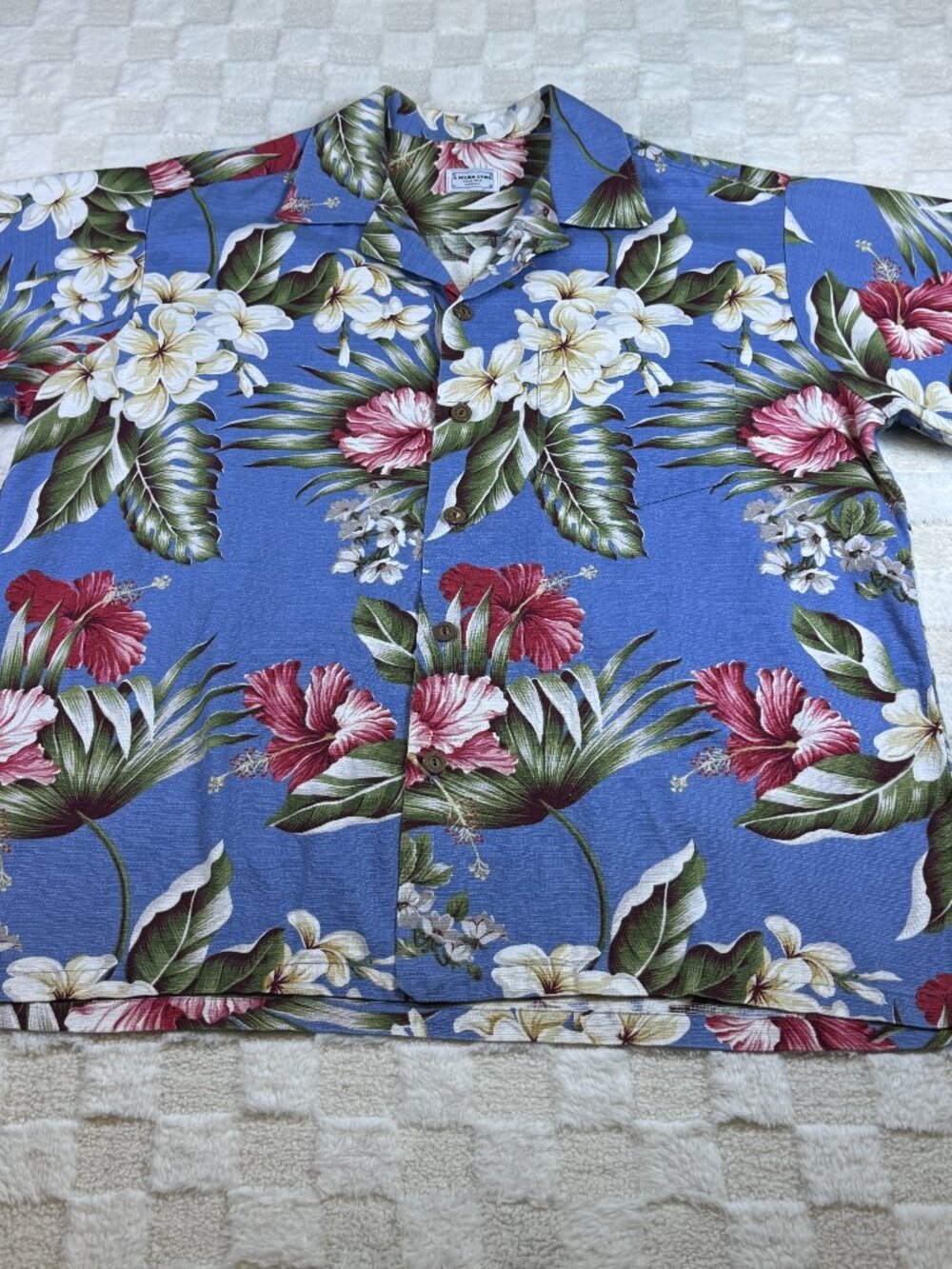 H. Miura Store Haleiwa Aloha Shirt Blue Hibiscus Plumeria Coconut Button XL